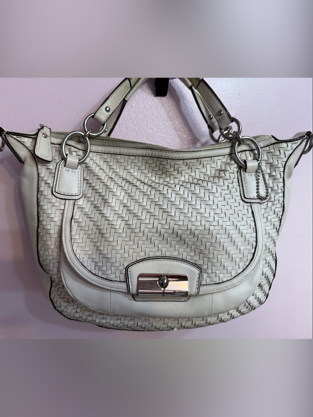 Coach Cream Woven Leather Shoulder Bag with Silver Hardware